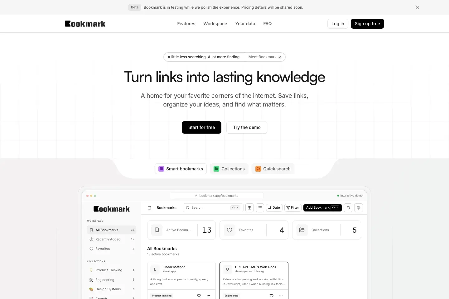 My Bookmark landing page with its knowledge library introduction and interactive bookmark workspace