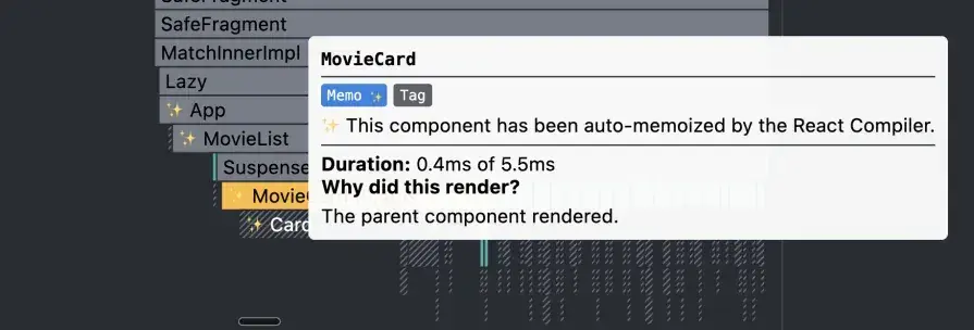 React Profiler marking components memoized by React Compiler.