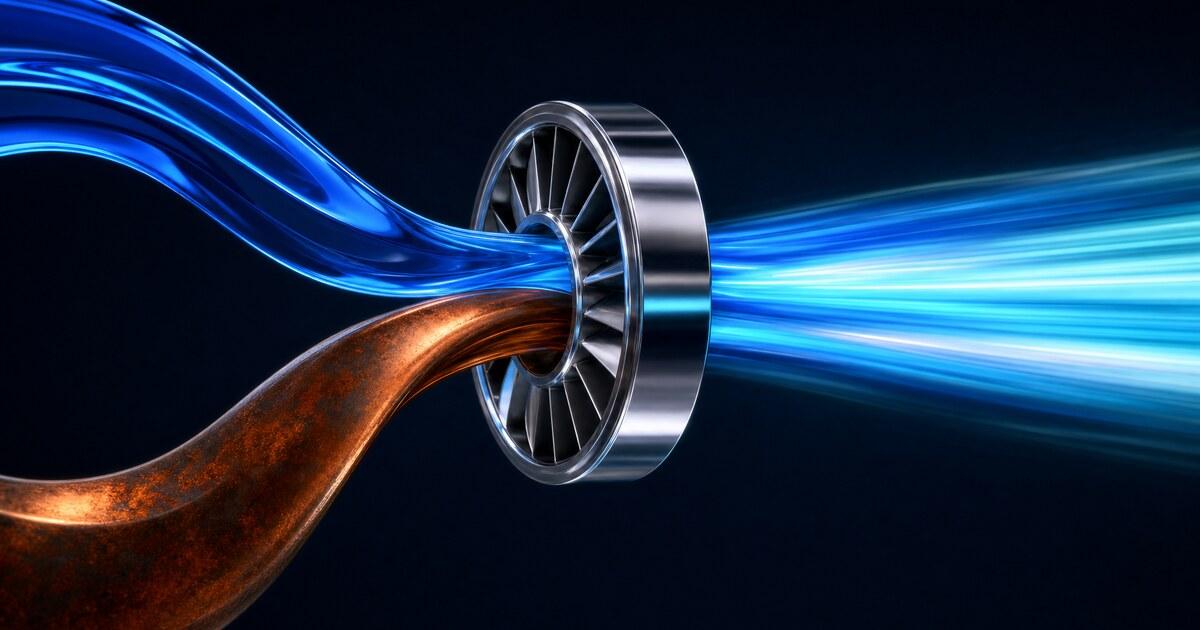 Two build streams converge into one illuminated high-speed pipeline.