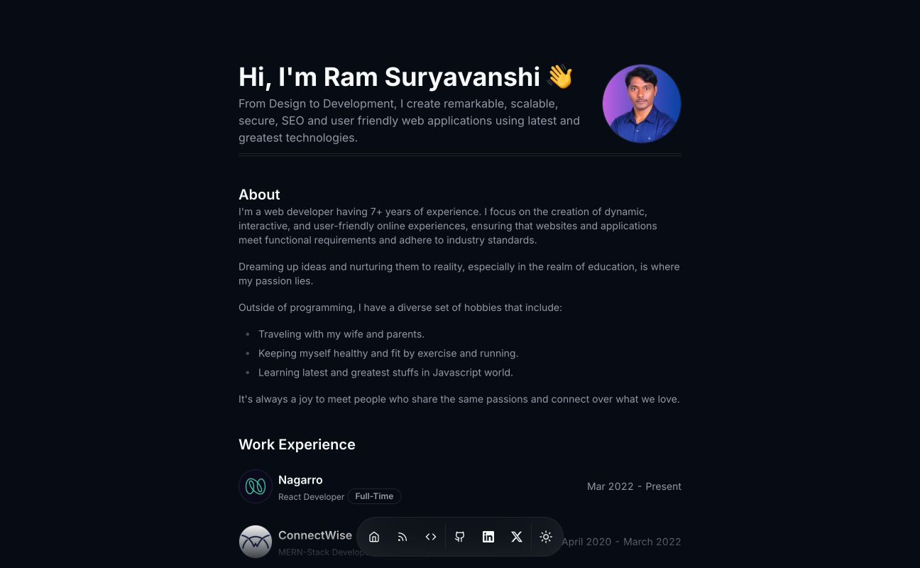 DevPortify personal portfolio showing its introduction, About, and Work Experience sections
