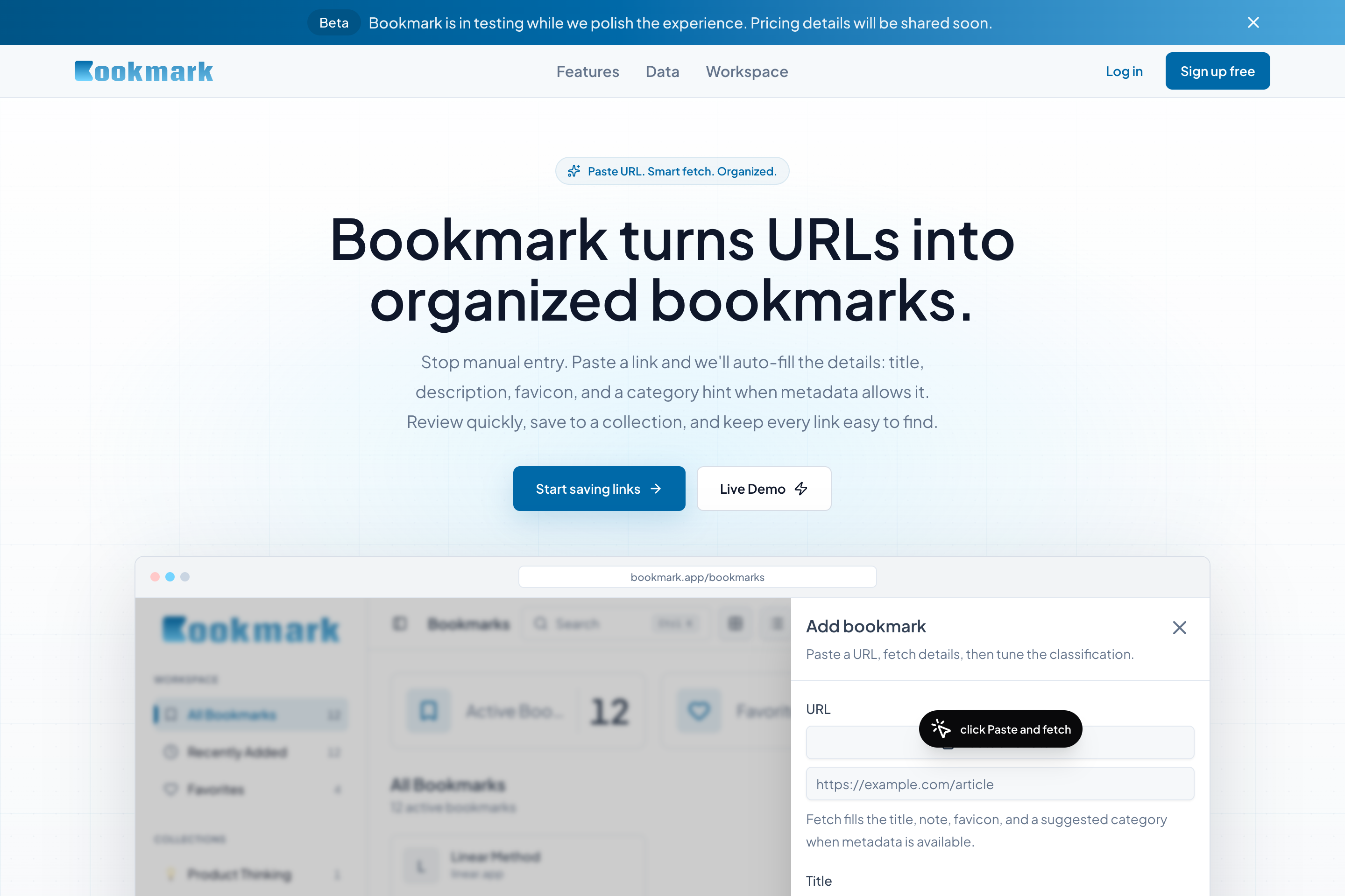 My Bookmark landing page and add-bookmark workflow screenshot