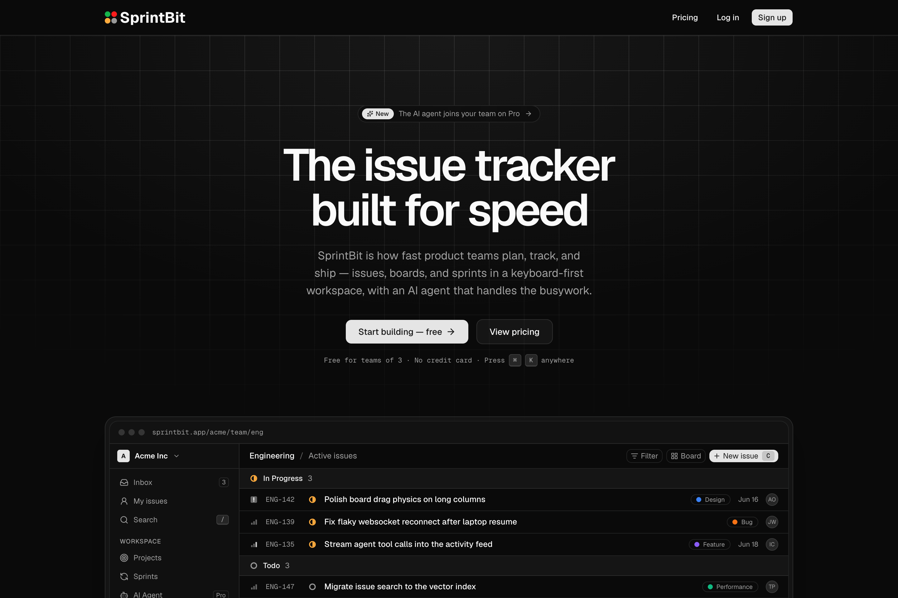SprintBit issue tracker landing page and engineering board screenshot