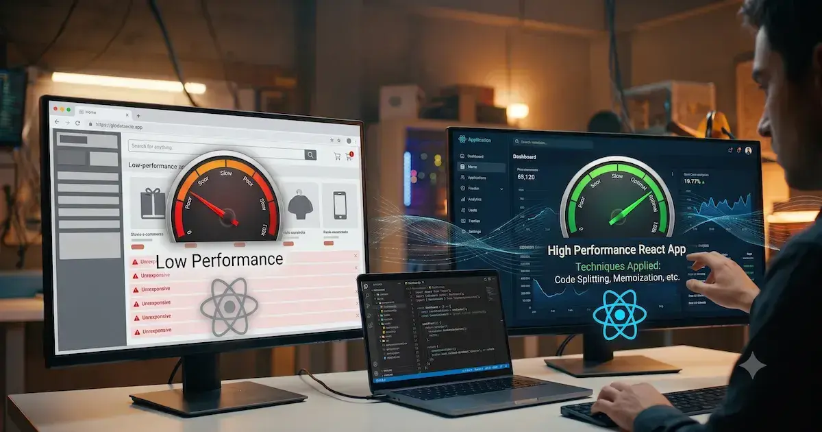 A developer compares low- and high-performance React dashboards across two monitors.