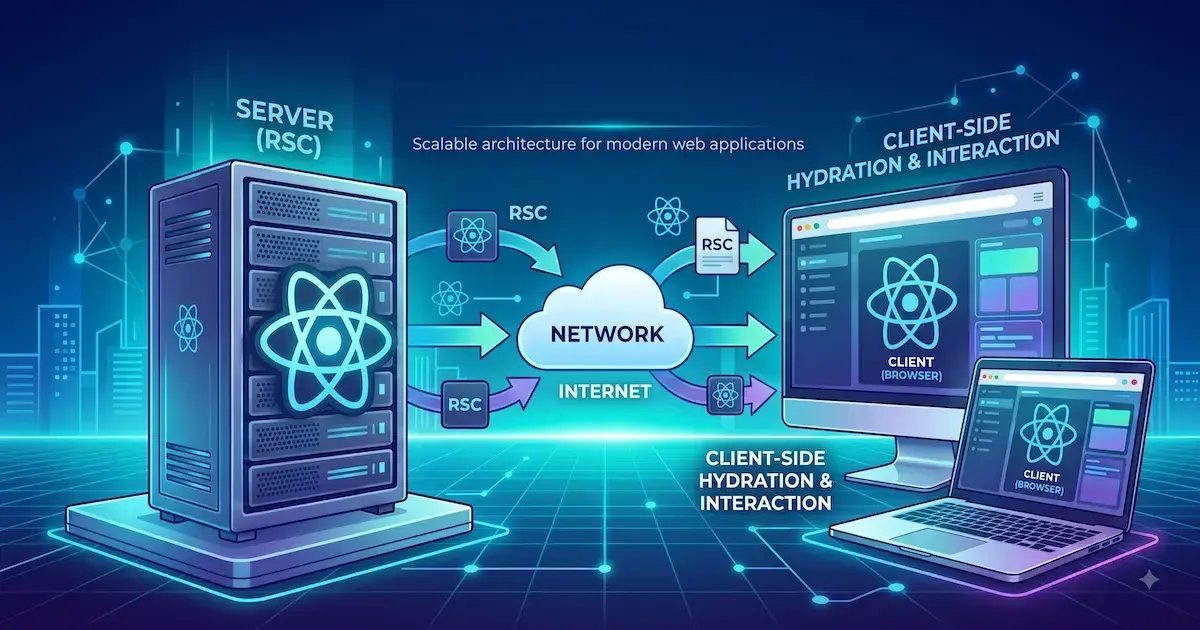 React Server Components travel from a server through a network boundary to interactive browser clients.